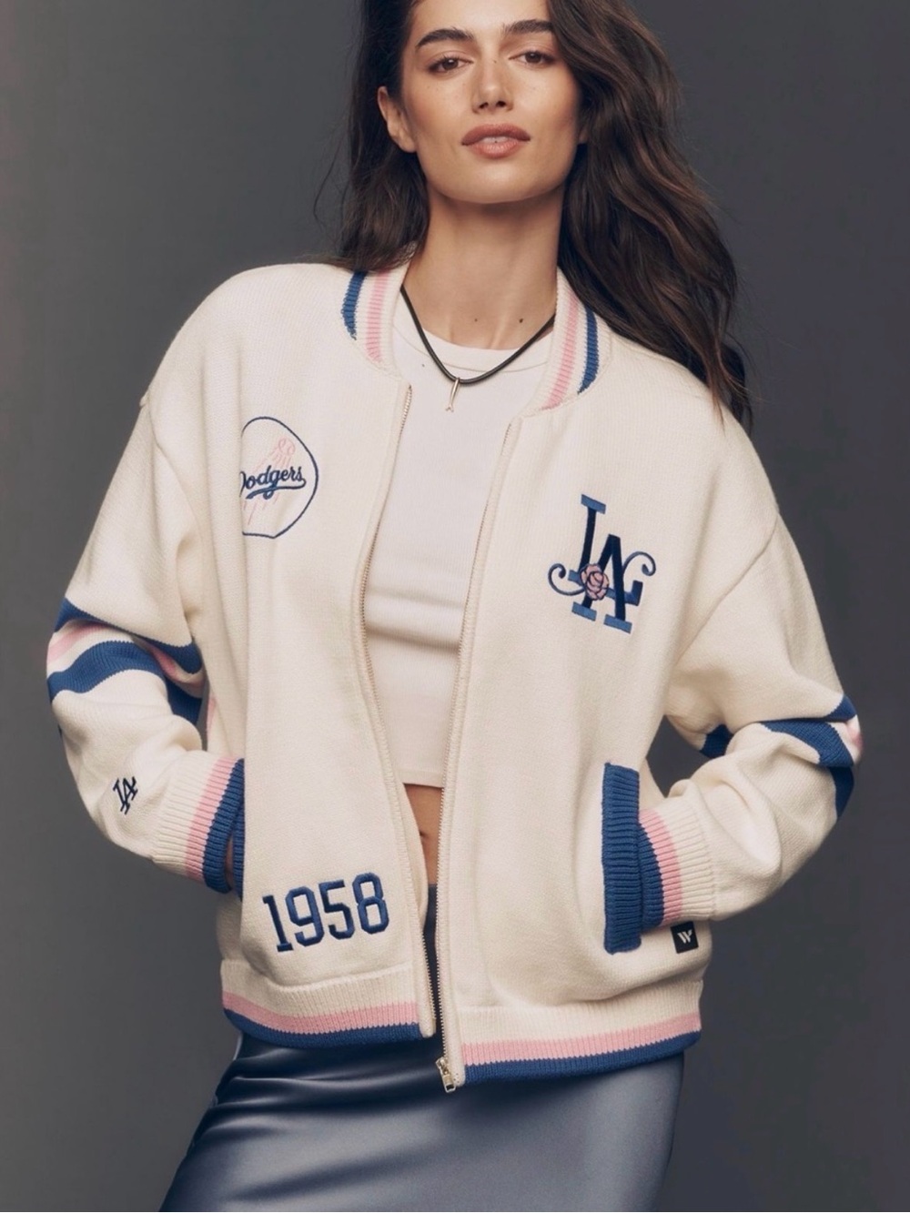 Anthropologie x Wild Collective LA Dodgers Embroidered Knit Bomber Jacket. - Picture 3 of 3